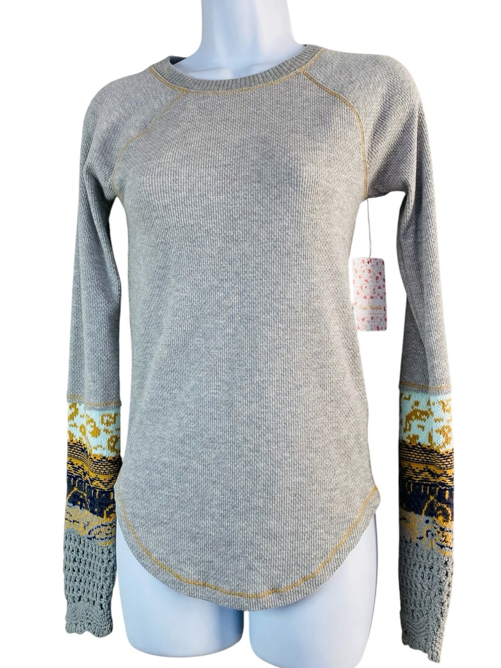 Free People Grey In Mix Jacquard Cuff Long Sleeve Top Size S